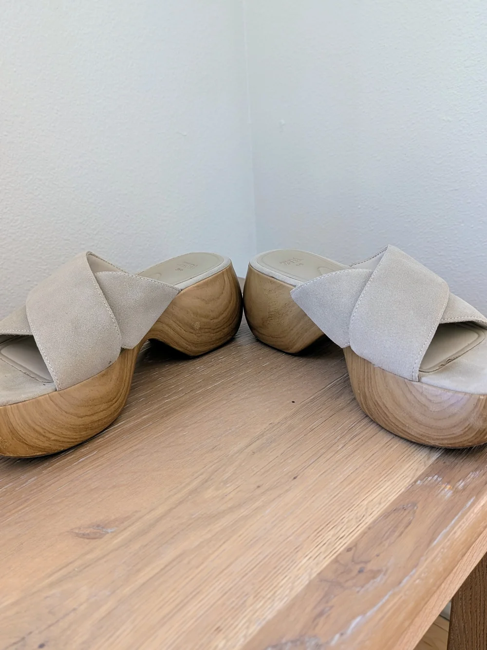 Zara Neutral Suede Slide Chunky Wood Heel Sandals In Beige - 8.5 - Picture 2 of 10